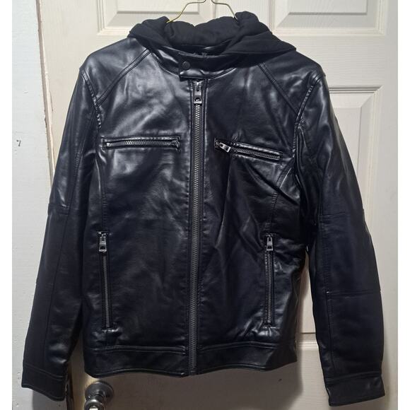 Men's Faux Leather Motorcycle Jacket With Detachable Hood Black Size Large - Picture 3 of 14